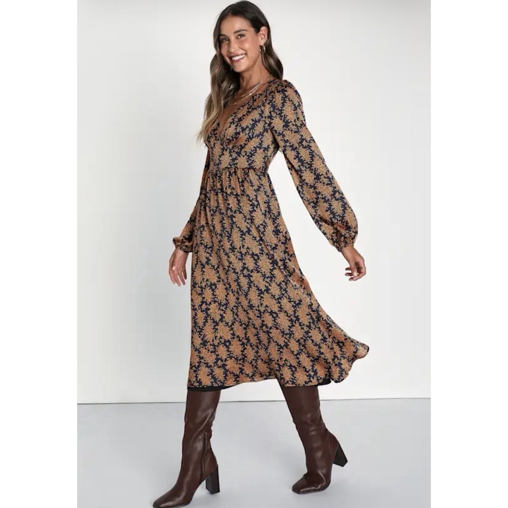 Lulus Women's Black Orange Floral Maxi Dress XL Long Sleeve Wrap Boho Chic